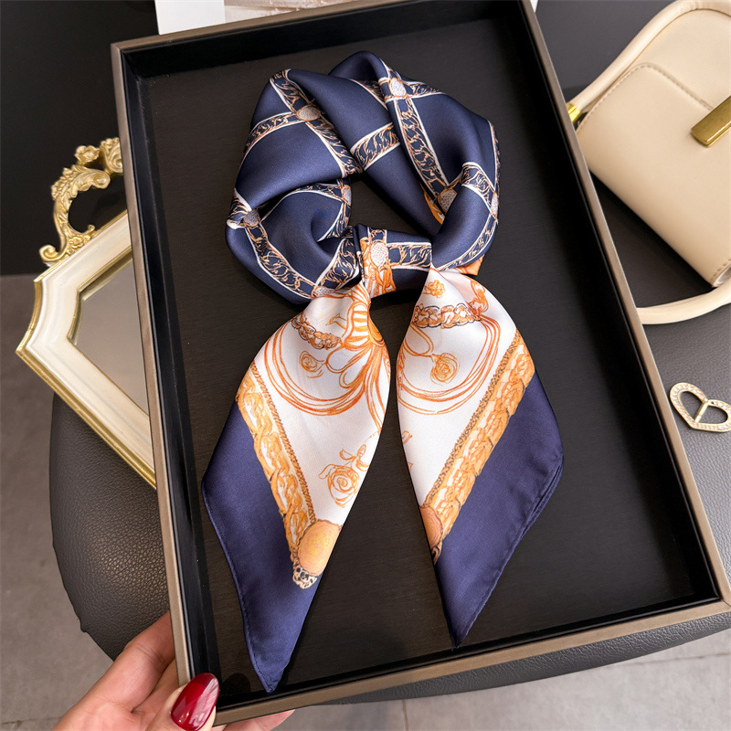 Ascot Neck Scarf - Blue Classic Chain Print Square Silk